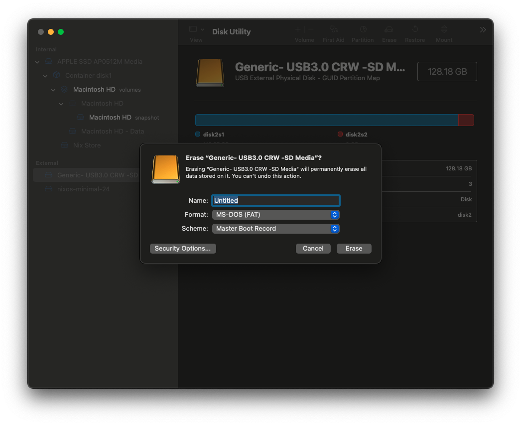 Erasing the SD card with Disk Utility